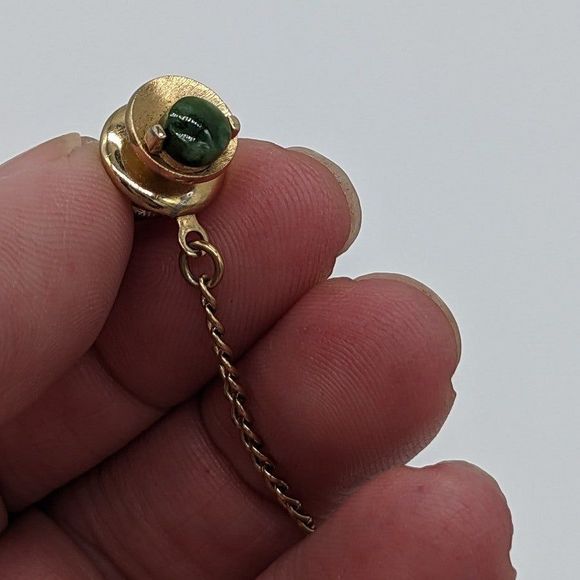 Signed Vintage SWANK Karat Gold MCM Genuine Jade Cufflinks & Tie Tack Pin Set - Picture 4 of 12